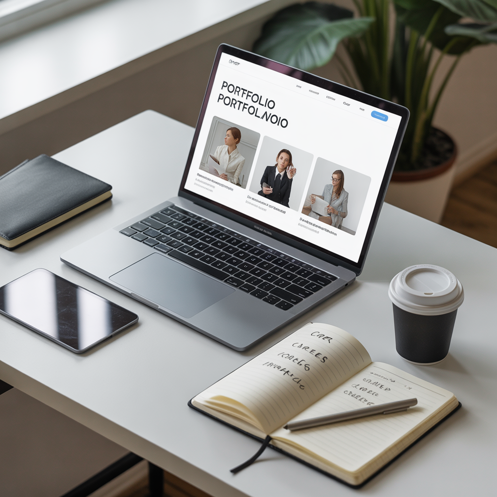 A modern desk with an open laptop displaying a professional portfolio website, a notebook with career goals written, coffee cup, clean minimalist environment, daylight, no people, ultra-realistic photography